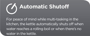 Automatically shuts off when water reaches a rolling boil or when there's no water in the kettle.